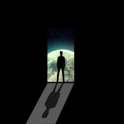 illustration of black foreground with silhouette of a person standing in open door with surface of the moon behind