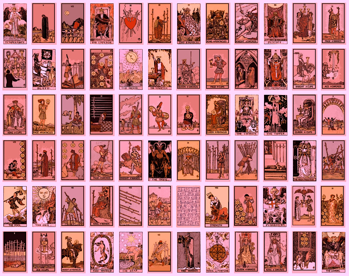 three tarot cards arranged in a row: the Hanged Man, the Queen of Swords, the Wheel of Fortune